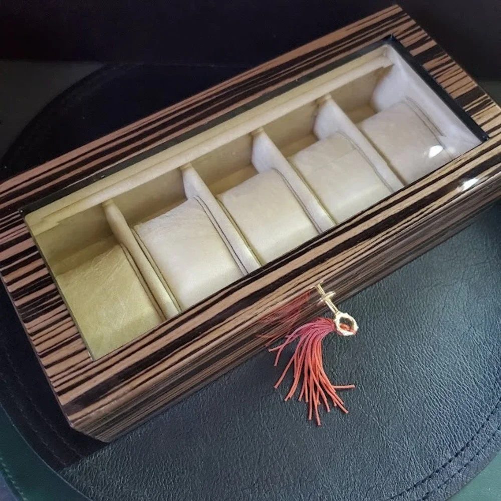 Zebrawood 5 Slot Watch Display Case Glass Top with Tassel Key Lock Organizer